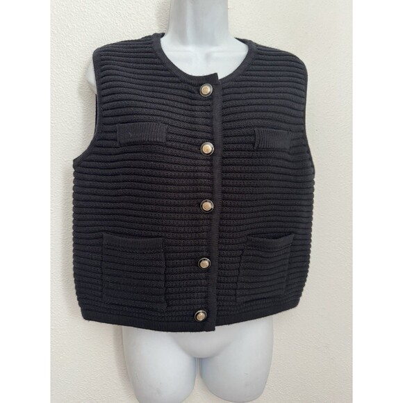 JOIE Black Textured Knit Button Front Sweater Vest Top Large NWT Quiet Luxury L - Picture 1 of 8